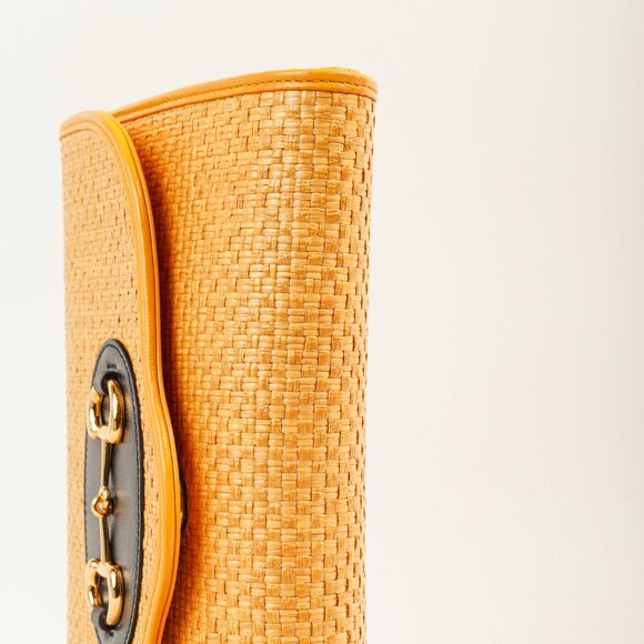 Gucci Horsebit 1955 Yellow Raffia Leather-Trimmed Shoulder Bag - Picture 5 of 13